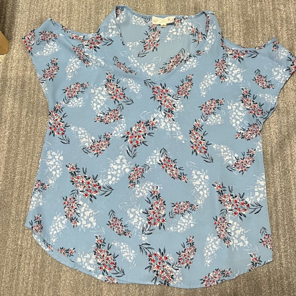 Pink Republic Floral Cold Shoulder Blouse - Light Blue